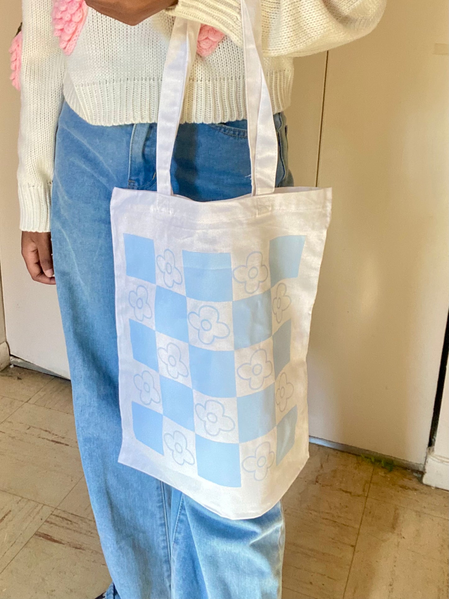 Blue Checkered Flowers White Tote Bag