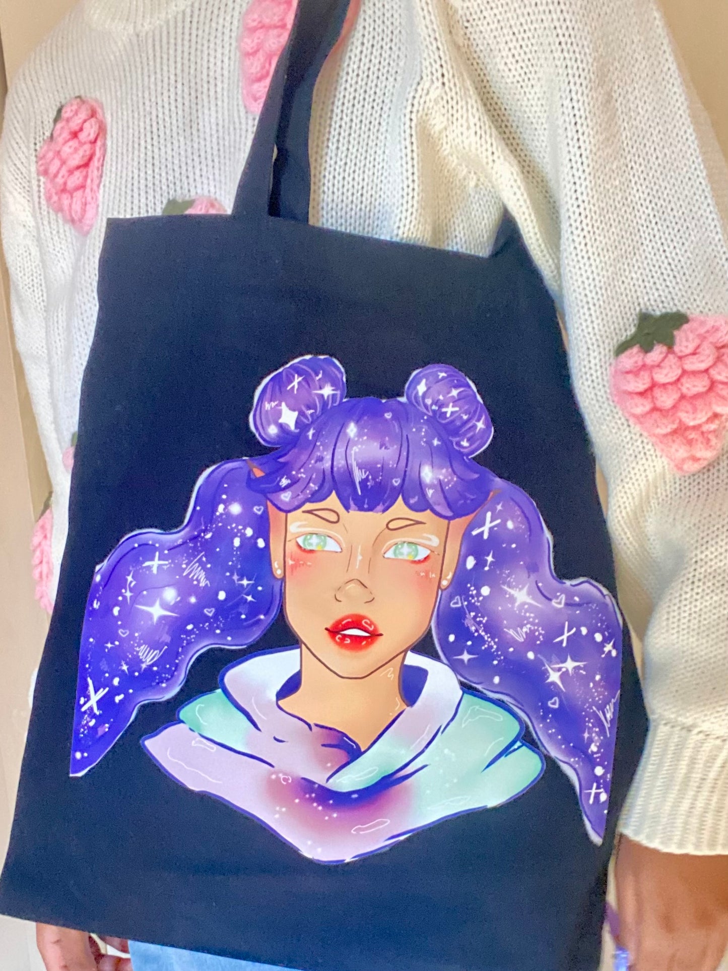 Purple Galaxy Elf Girl Black Tote Bag