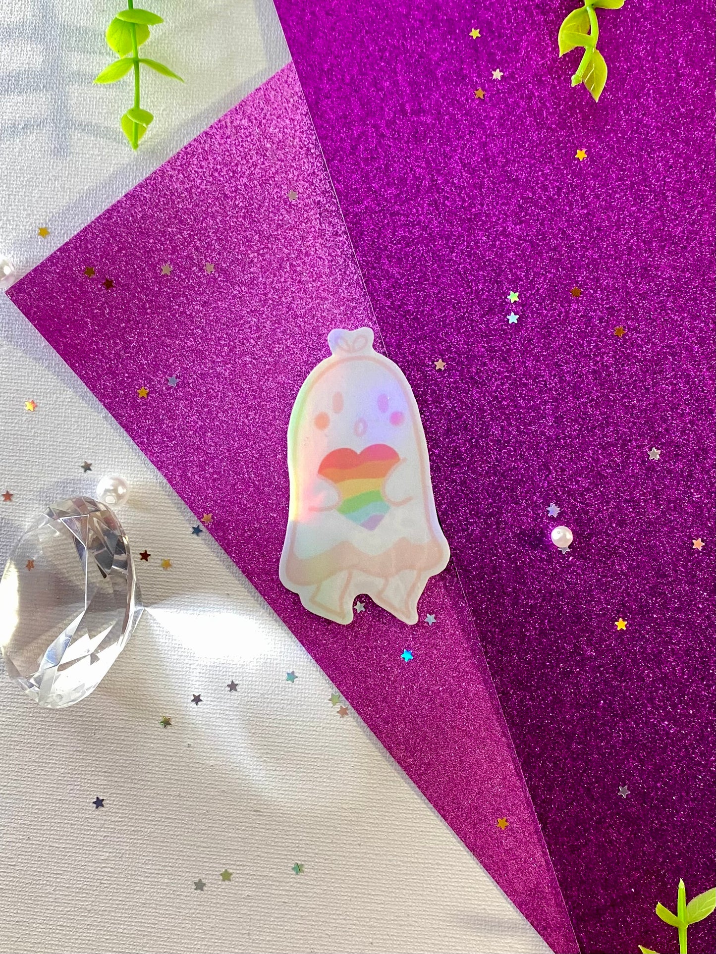 Rainbow Heart Ghost Holographic Sticker