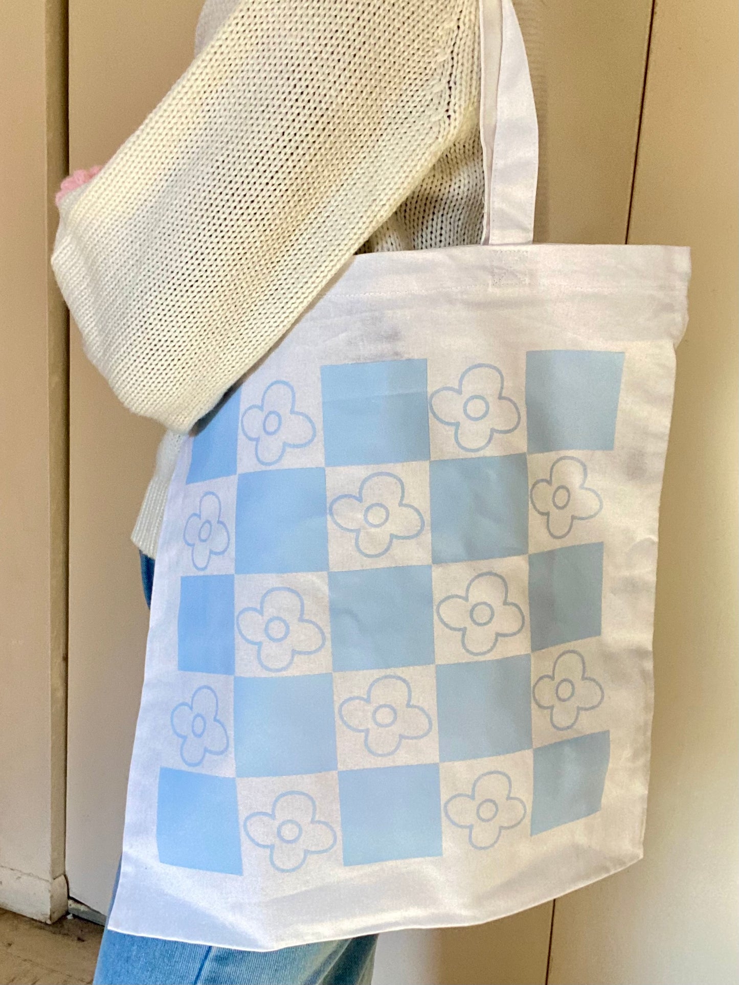 Blue Checkered Flowers White Tote Bag