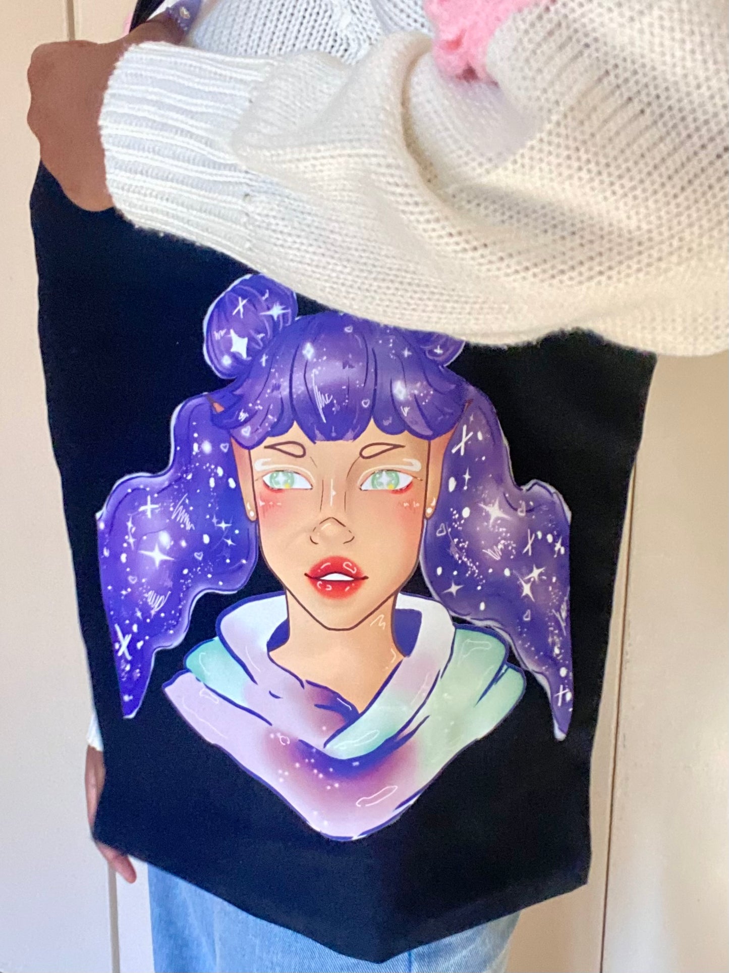 Purple Galaxy Elf Girl Black Tote Bag