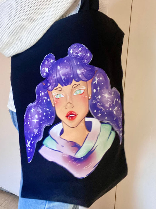 Purple Galaxy Elf Girl Black Tote Bag