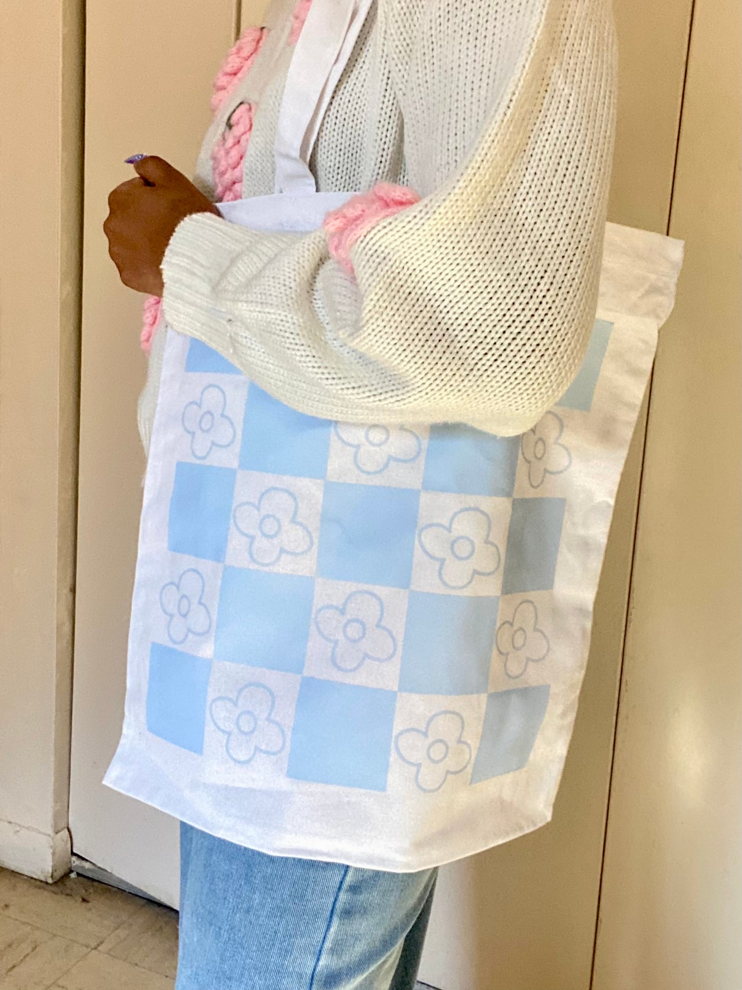 Blue Checkered Flowers White Tote Bag